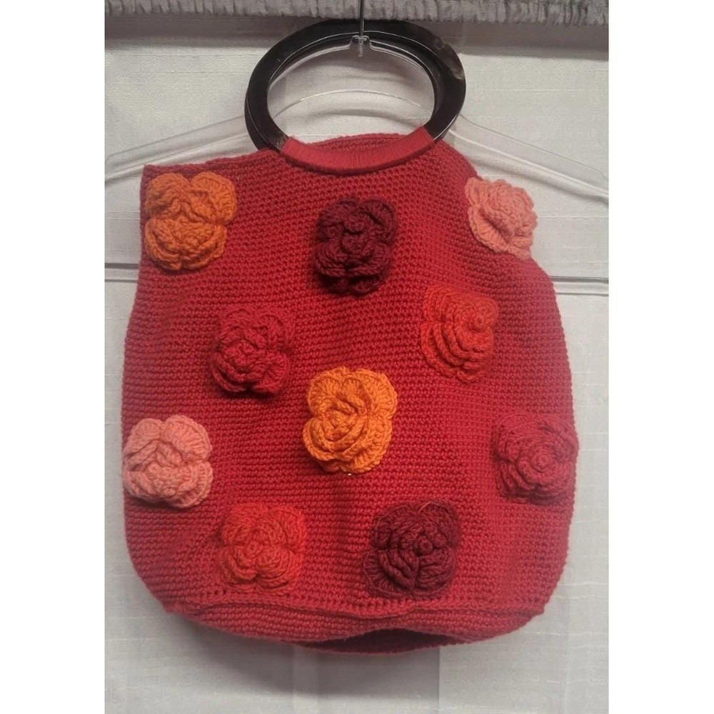 Annabel Ingall 100% Merino Wool Boho Red Flowers Crocheted Purse Lucite Handle